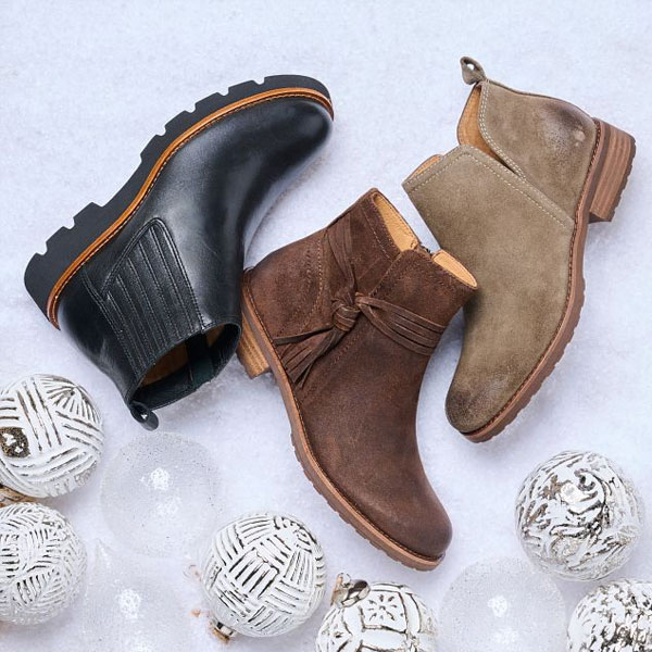 Featuring the booties Paige in Black, Blake in Brown and Beatrice in tan.